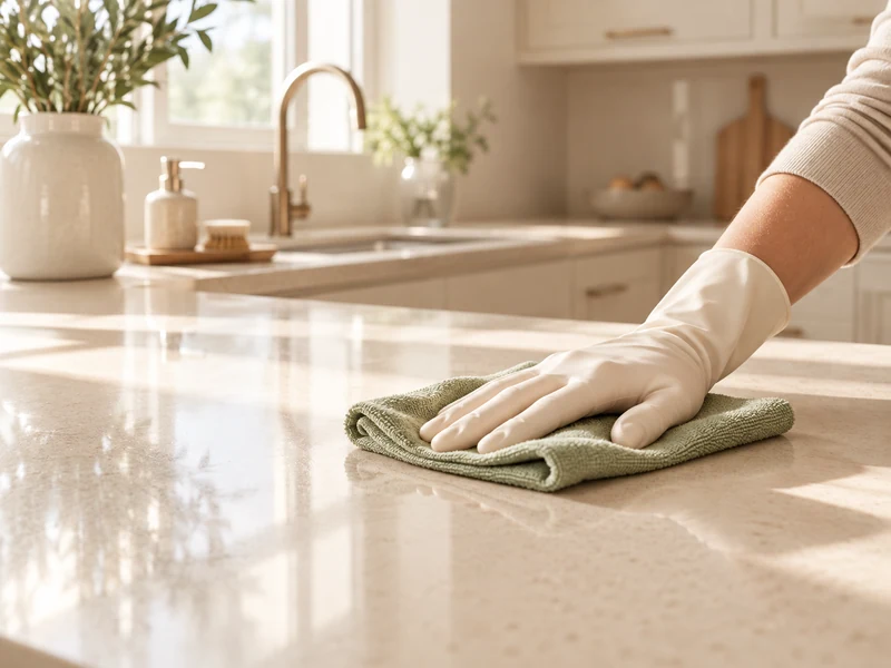 A gloved hand carefully cleaning a sunlit kitchen countertop